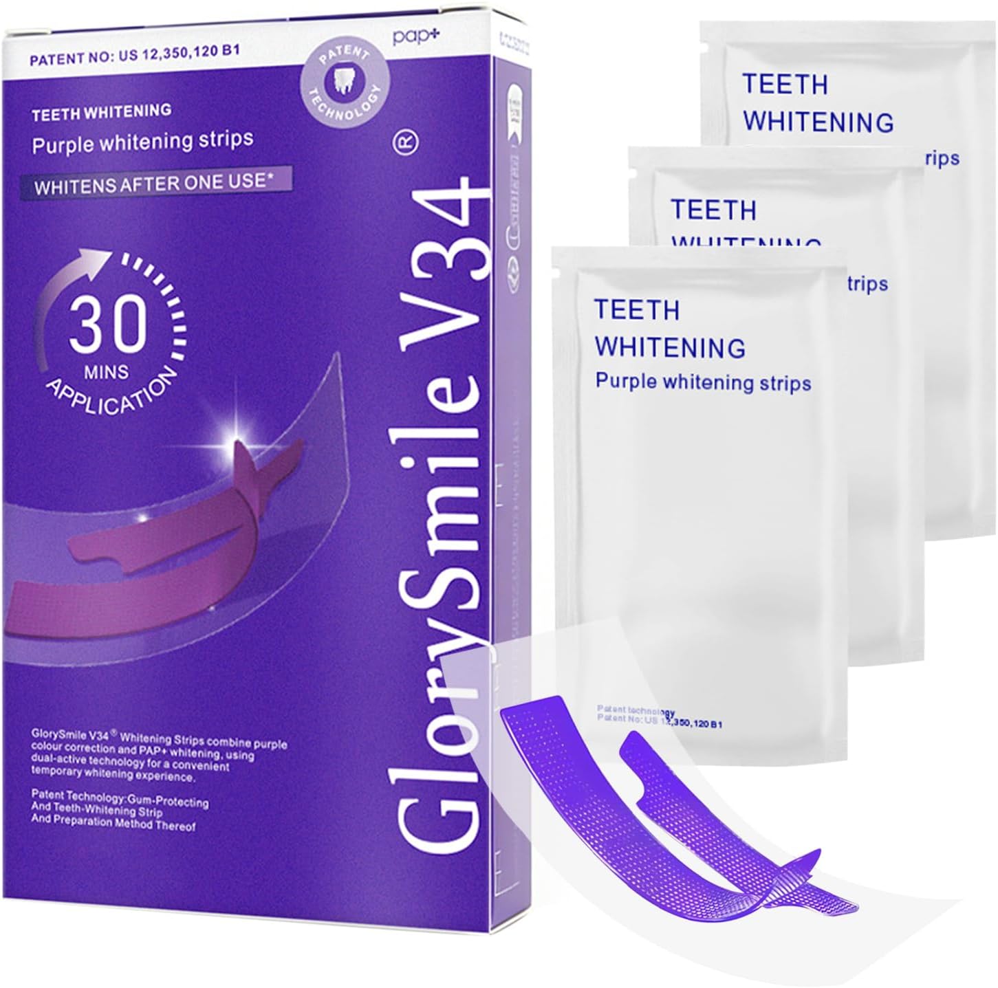Bandes Blanchissantes Violettes V34 – Sourire Blanc Instantané en 30 Minutes